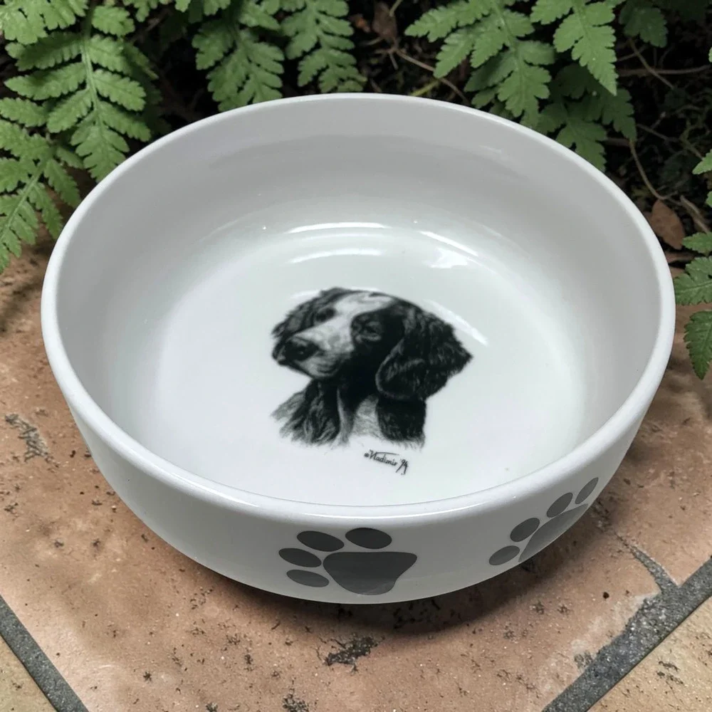 Vintage 1994 Vladimir Tzenov Springer Spaniel Dog Bowl Ceramic Rosalinde USA 7”